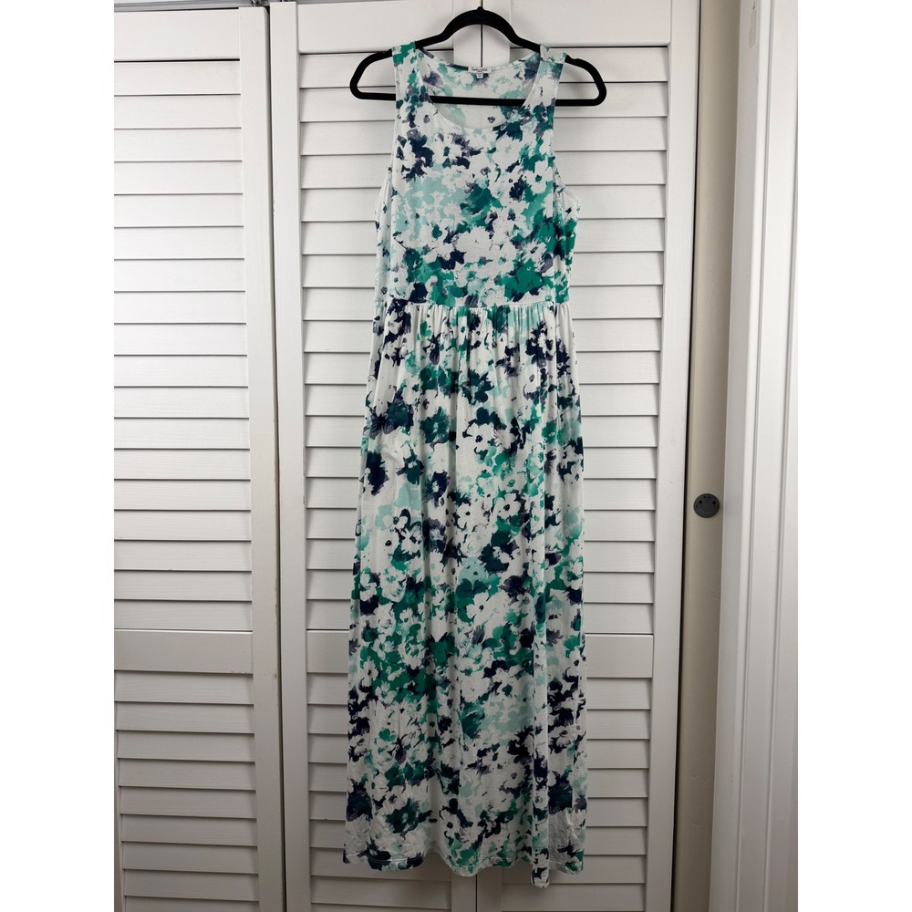 Splendid Maxi Dress Women L Teal Blue Floral Sleeveless Cotton Blend Jersey USA